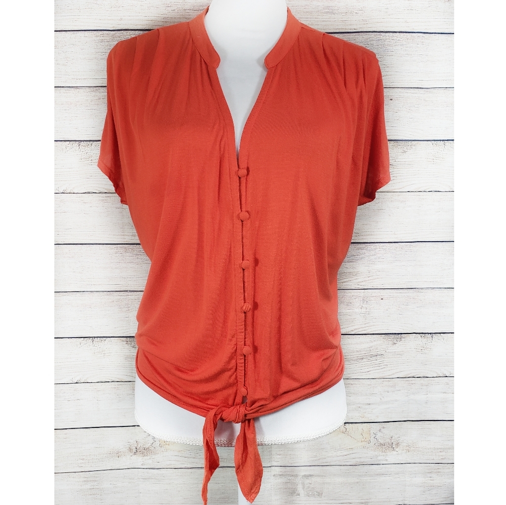 Bebe Burnt Orange Tie Front Button Down Blouse